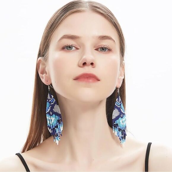 Abstract Bohemian Seed Bead Tassel Dangling Statement French Wire Hook Earrings - Picture 8 of 10